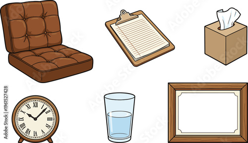 A brown couch with a clipboard, tissue box, clock, glass of water, and picture frame nearby indoors.