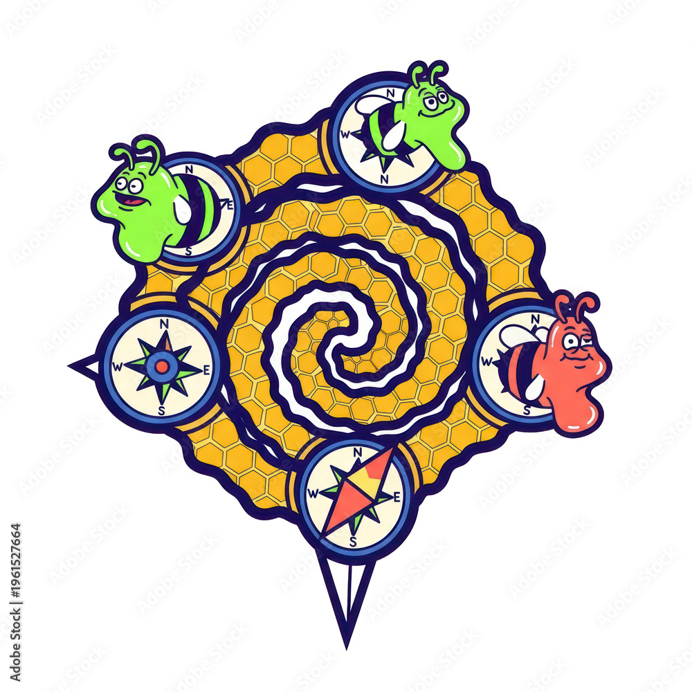 Fototapeta premium Honeycomb compass spiral with friendly space creatures