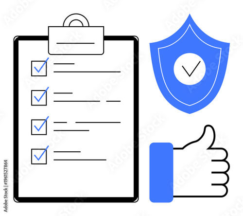 Compliance concept. Compliance by checklist, shield for safety, and thumb showing approval. Compliance improves workflow, reliability, and process optimization. For business, security management