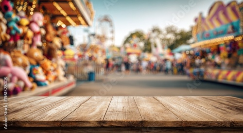 A wooden table in the foreground with a blurred carnival in the background