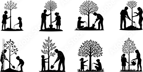People planting and watering trees silhouettes set isolated on white background, environmental conservation and family gardening concept, flat vector illustration