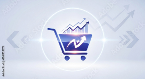 E commerce shopping cart with growing graph and arrows on light blue background symbolizing online sales growth and business success