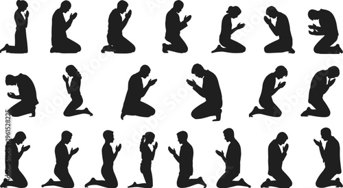 People praying silhouettes set showing men and women kneeling in prayer spiritual worship pose collection isolated, flat vector illustration