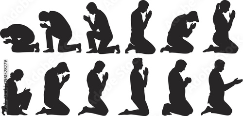 People praying kneeling silhouettes collection showing men and women in worship prayer poses spiritual devotion isolated set, flat vector illustration