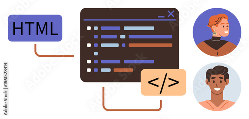Web development, programming education, teamwork, coding skills, technology industry, software collaboration. HTML and code interface with developer portraits. Web development and programming