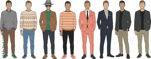 Diverse men in stylish executive suits and modern casual knitwear including fedora hat blazer and patterned sweater for professional lifestyle flat vector character set