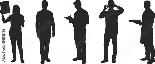 People silhouettes collection with different professions and actions, worker poses set, business and service roles, standing figures, flat vector illustration
