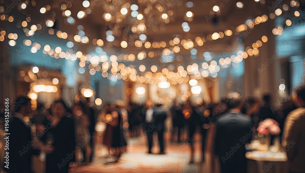 Fototapeta premium A blurry, dimly lit formal gathering with numerous people and bokeh lights