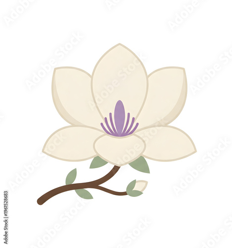 Minimal Flat Magnolia Flower Icon with Creamy White and Soft Purple Petals Vector Illustration