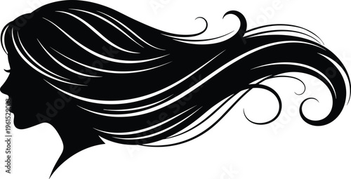 Beautiful Female Profile Silhouette with Long Flowing Hair Isolated on White Background for Beauty Salon Hairdressing Cosmetics Spa and Luxury Fashion Brand Design