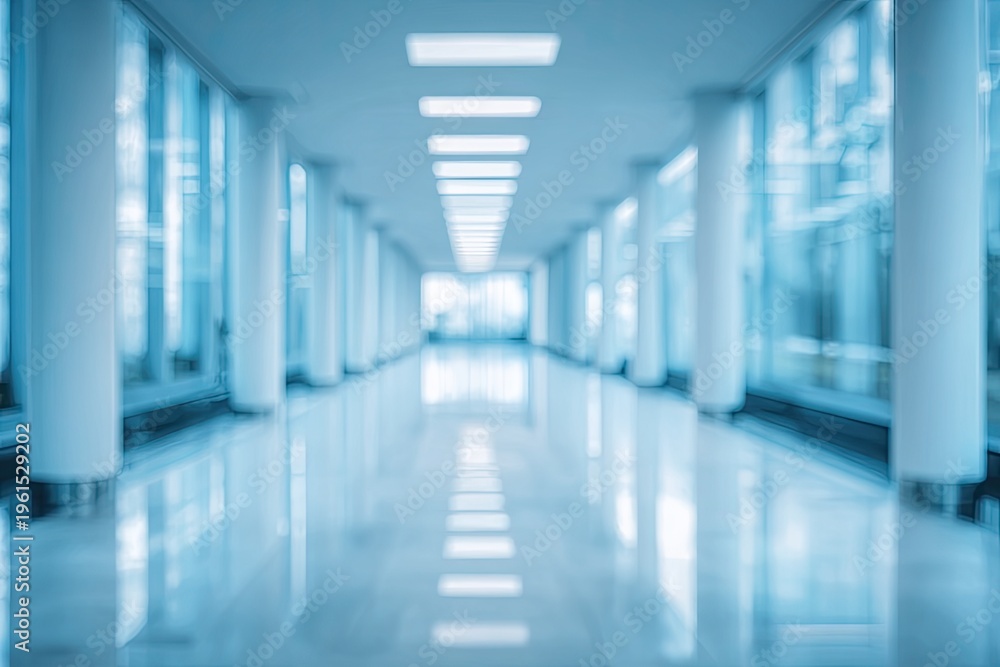 Obraz premium Bright, modern, empty corridor with large windows and reflective floor
