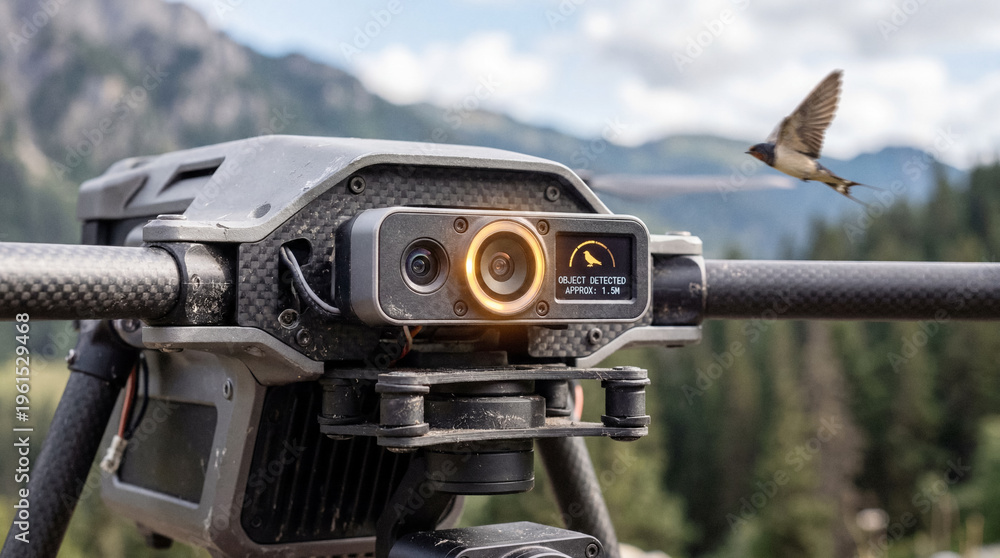 Obraz premium Collision avoidance sensor on drone detecting bird