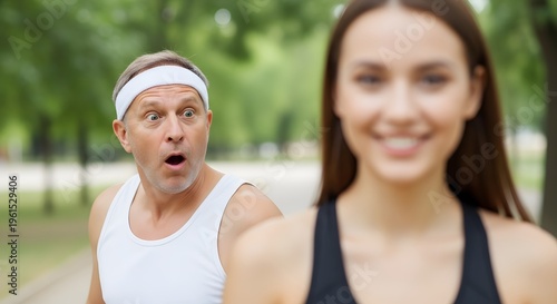 A jogger man's wide-eyed surprise upon seeing a radiant, smiling woman enjoying her run in the sunny park, capturing a lighthearted outdoor fitness encounter