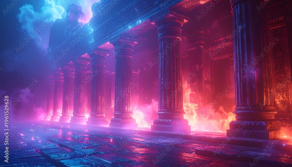 Naklejka premium A digital rendering depicts an ancient colonnade bathed in vibrant neon hues. Fire and ethereal clouds add depth