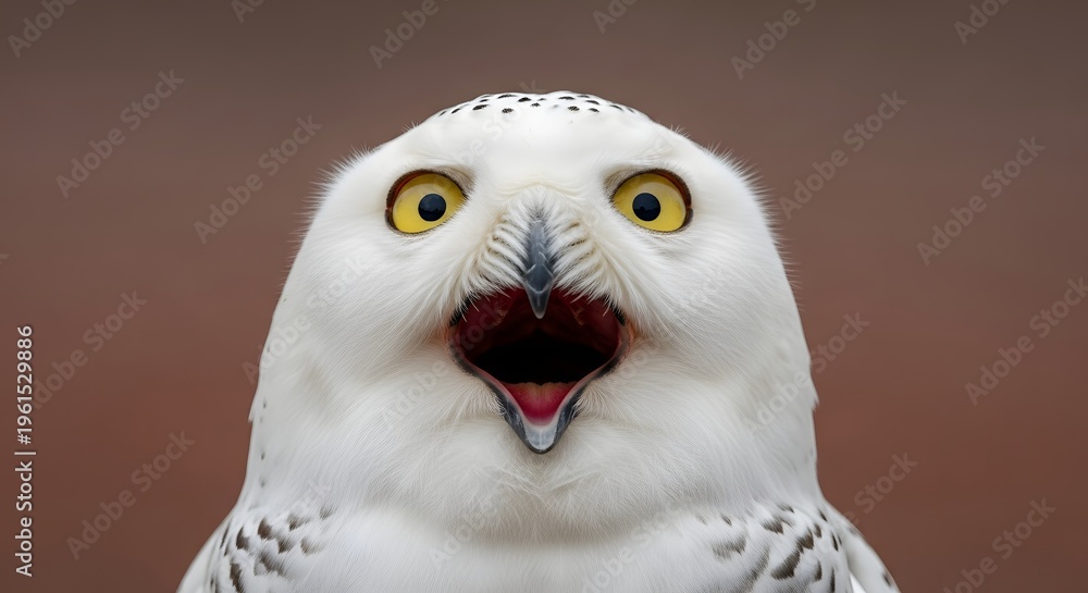 Obraz premium Captivating close-up of a magnificent snowy owl, its striking yellow eyes wide open and beak agape, expressing surprise or a powerful call amidst a soft, natural background