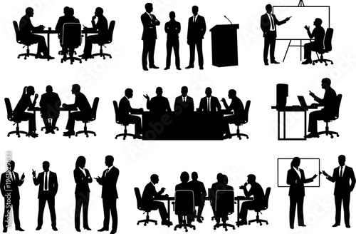 Black silhouettes of man and woman working on laptops at separate office desks in profile view on white background