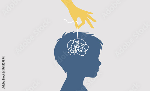Hand untangling complex thoughts in child's mind