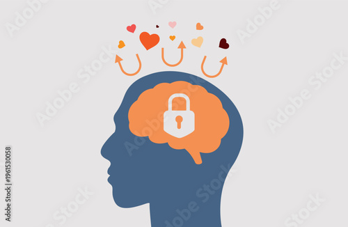 Brain with padlock blocking emotional expression concept