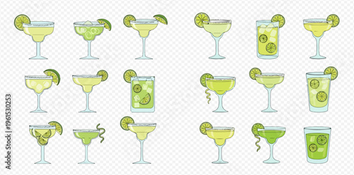 Collection of refreshing lime cocktails and margaritas in various glass types, perfect for summer drinks.