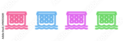 Neon glowing hydroelectric dam vector icons set, water, power, energy, renewable, electricity, generation, vibrant colorful digital design illustration on transparent background.