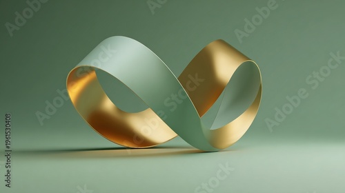 Shimmering gold and silver metallic abstract geometric shapes form a Möbius strip, elegantly suspended above a soft matte sage green background.