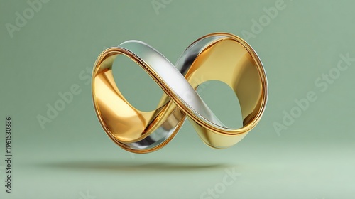 Shimmering gold and silver metallic abstract geometric shapes form a Möbius strip, elegantly suspended above a soft matte sage green background.