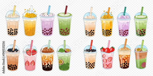 Collection of colorful bubble tea drinks with various flavors and toppings in plastic cups with straws.