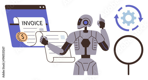 Automation, artificial intelligence, digital transformation, finance, technology, data analysis. A robot interacts with a digital invoice and icons for process and analysis. Automation and finance