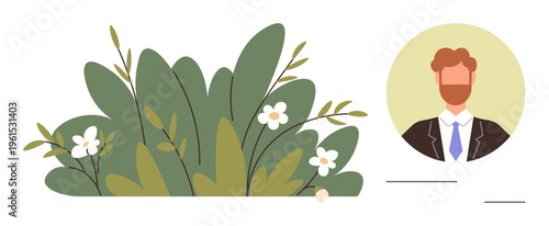 Profile icons, branding, business identity, ecology , social media, and avatars. A formal male portrait next to green foliage with white flowers. Business identity and branding concept