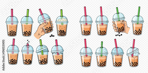Set of bubble tea cups with tapioca pearls, showing various stages of drinking and preparation.