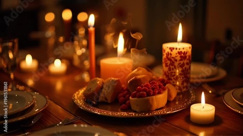 A beautifully set dinner table glows warmly with flickering candles and festive food.