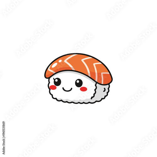 Kawaii salmon nigiri sushi illustration featuring a cute cartoon character with a smiling face and red blush cheeks, Japanese seafood cuisine icon isolated on white background.