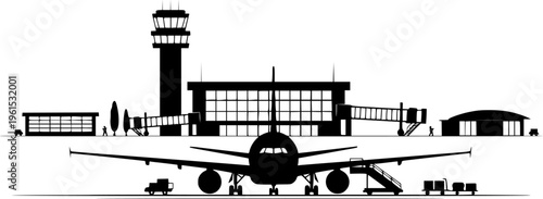 Airport with plane and facilities silhouette vector, transportation concept illustration for background.
