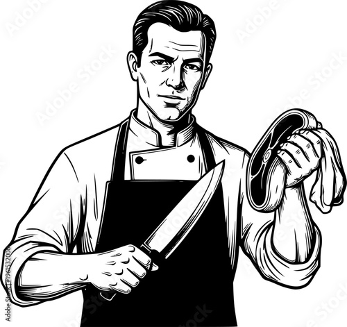 Man in apron holding knife and piece of meat with serious expression
