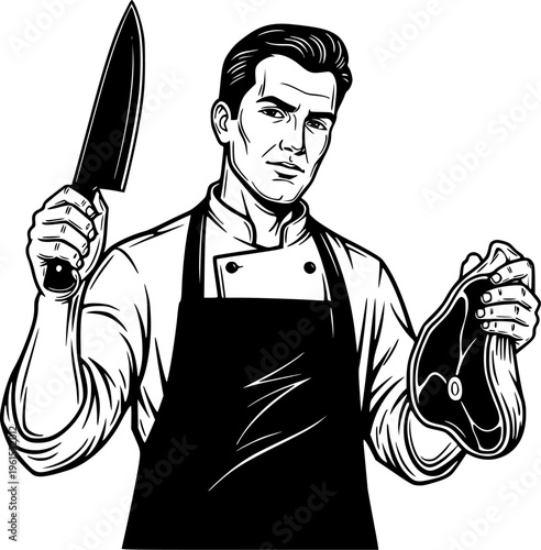 Man in apron holding knife and piece of meat with serious expression
