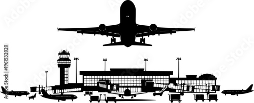 Airport with plane and facilities silhouette vector, transportation concept illustration for background.
