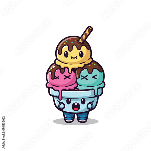 Cute kawaii ice cream sundae character illustration featuring three colorful scoops of vanilla strawberry and mint with chocolate drizzle, sprinkles, and a wafer stick in a blue bowl.