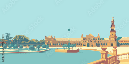 A stylized illustration of the plaza and tower in seville spain