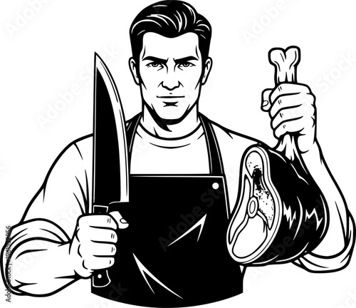 Man in apron holding knife and piece of meat with serious expression
