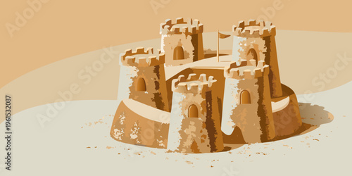 Illustration of a detailed sandcastle with multiple towers and arches