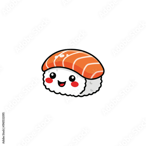 Kawaii salmon nigiri sushi character illustration featuring a smiling face with rosy cheeks and small limbs, topped with orange fish on white rice, isolated on a white background.