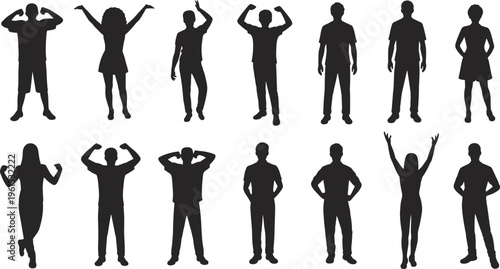 people standing and celebration silhouettes set, men and women posing with raised arms confident body language vector illustration