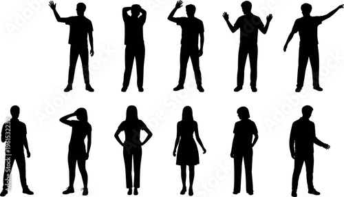 people silhouettes, men and women standing, waving greeting gestures, casual human figures, male female characters vector illustration set