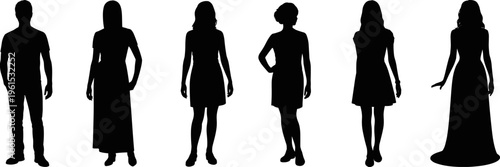 People standing silhouette set man and women casual pose full body black vector illustration collection isolated on white background