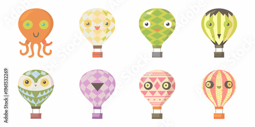 Colorful hot air balloons and an octopus with cute patterned designs