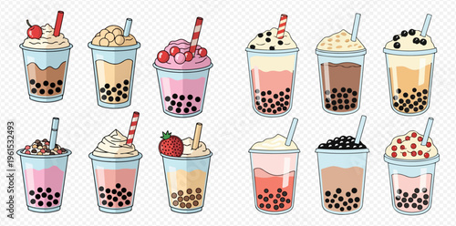 Collection of colorful bubble tea drinks with various toppings and flavors.