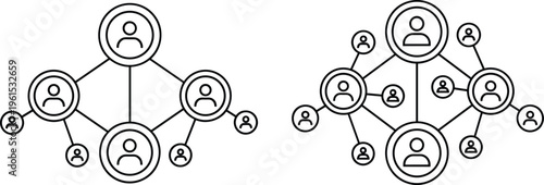 Black silhouette diagrams of interconnected user nodes representing social networks, organizational structures, collaboration, and complex data relationships