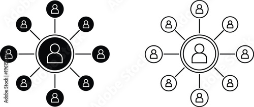 Black silhouette hub‑and‑spoke network diagrams with central user nodes connected to multiple surrounding figures, symbolizing communication, leadership, and connectivity