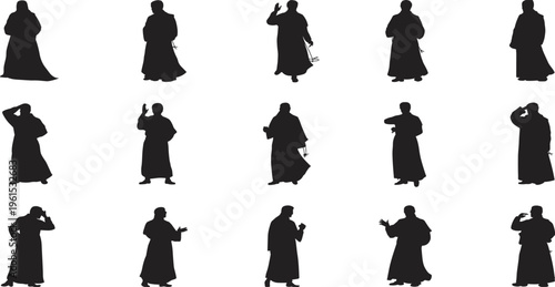 Priest silhouettes collection, clergy standing gestures set, religious character poses, spiritual people figures, black vector isolated illustration for church design
