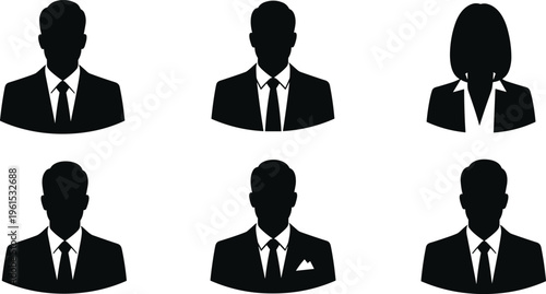 Black silhouette icons of male and female business professionals in formal attire, symbolizing corporate profiles, teamwork, leadership, and organizational identity